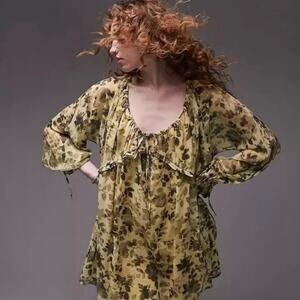 Topshop Floral Print Babydoll Dress Yellow Black Floral Size 8